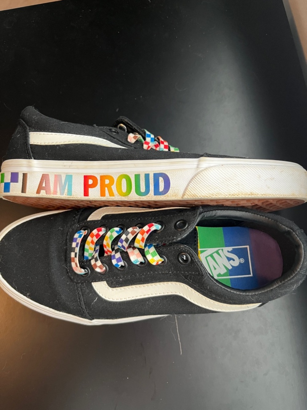 Vans Black and White Low-Top Sneakers with Rainbow Pride Details